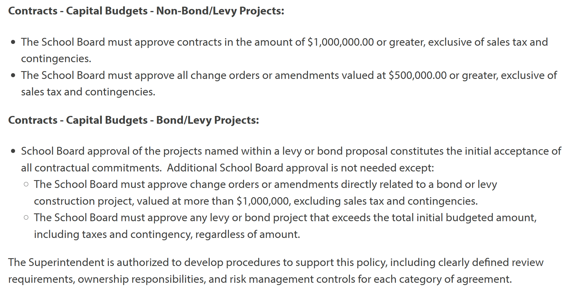 Excerpt from Highline School Board Policy 6101 showing contract approval limits for capital budgets and bond and levy projects